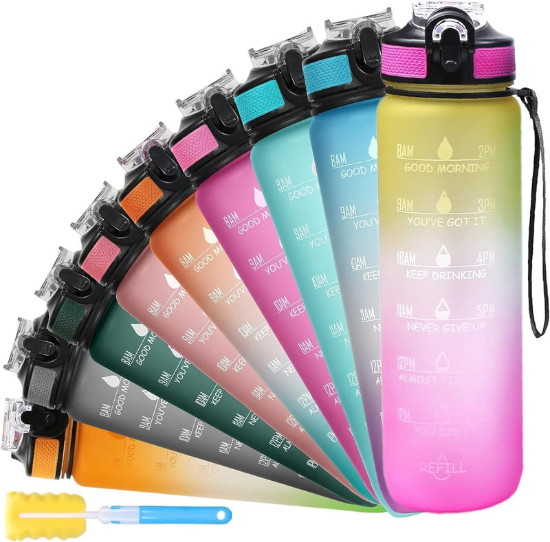 Unbreakable Water Bottle 1 Litre with Motivational Time Marker, Leakproof Durable BPA-Free Non-Toxic Water bottle for office,Water bottle for gym Detoxing eBook included Hunter Green with Motivational Time Marker - 1 ÙÙØªØ± Yellow Pink