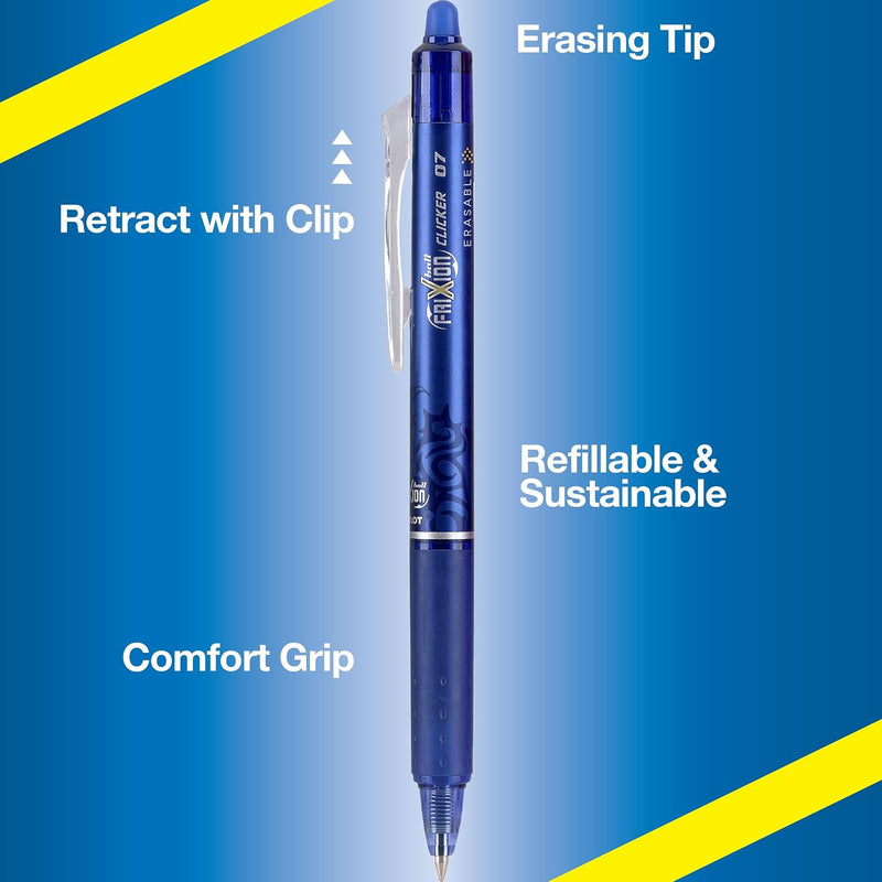 Pilot 465753 6 Count (Pack of 1) FriXion Clicker 0.7mm, Erasable Gel Pens, Fine Point (6-Pack) Black/Blue
