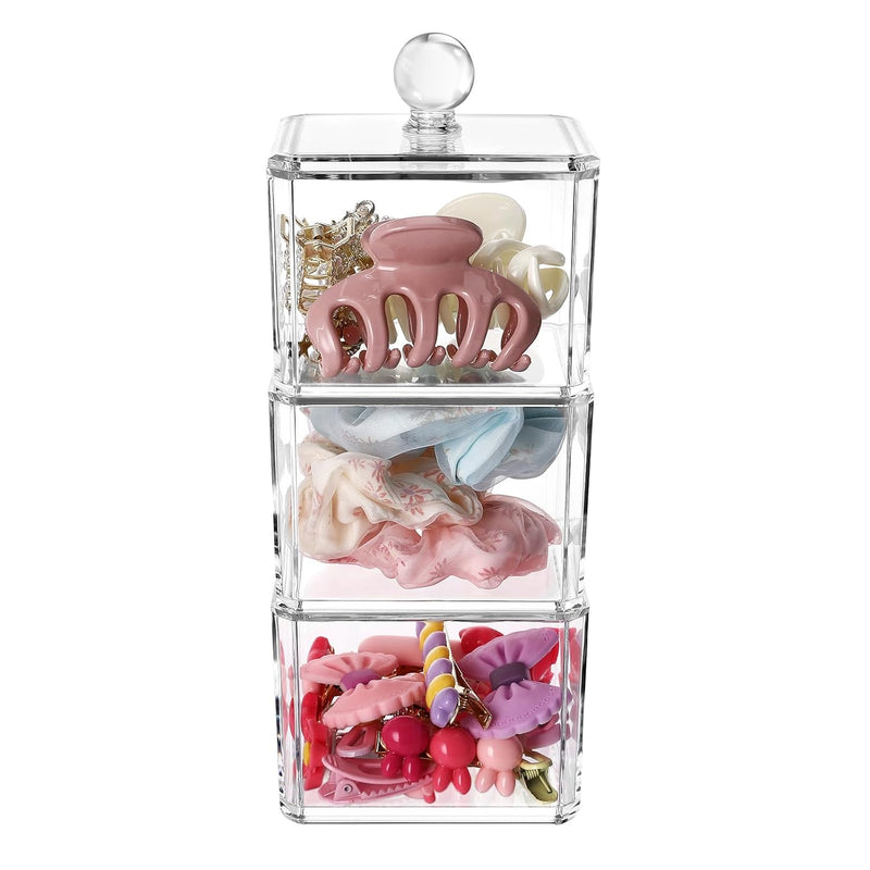 BLVRYVIO Hair Accessories Organizer, Bathroom Containers for Headbands, Bows, Ties, Tools, Scrunchies, Cotton Swab Organization - Clear 3 Stackable Acrylic Holder With Lids