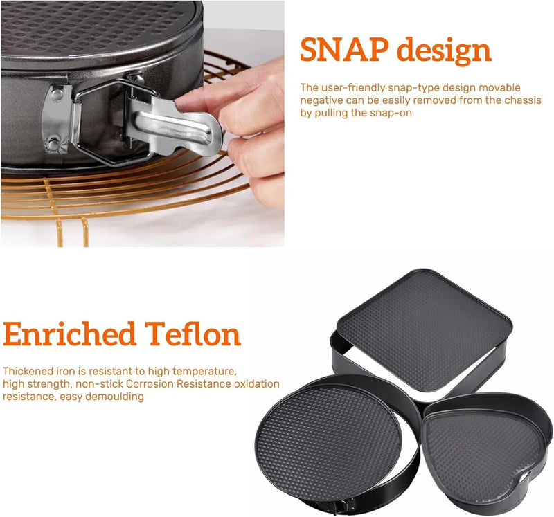 Yanek 3-Piece Springform Cake Pan Set Includes Square, Heart, & Round Molds Non-Stick, & Leakproof, Easy release For Baking Cakes Tarts & Desserts Durable Bakeware for Home & Professional Use