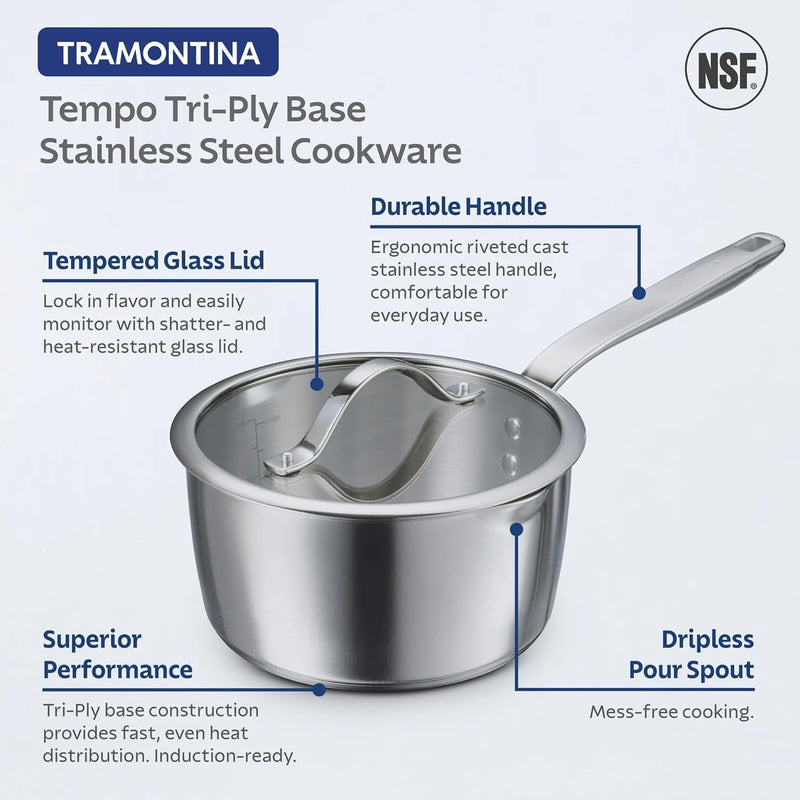 Tramontina Since 1911, 9-Piece Tempo Tri-Ply Base Stainless Steel Cookware Set with Glass Lids, Pots and Pans Kitchen Set, Induction-Ready, Oven-Safe, Dishwasher-Safe 37240028