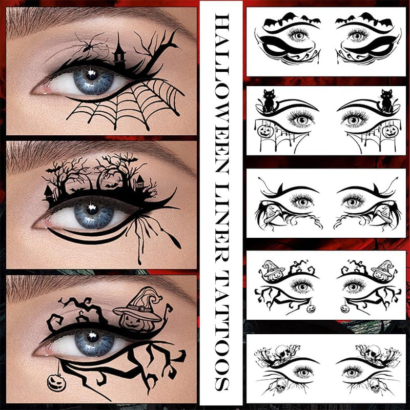 NimbusNote 10 Pairs Halloween Eye Shadow Temporary Tattoos Eyeliner Tattoo Stickers Spider Web Bat Pattern Eyeliner Fake Tattoos for Women Men Face Eye Makeup Halloween Decals Party Supplies