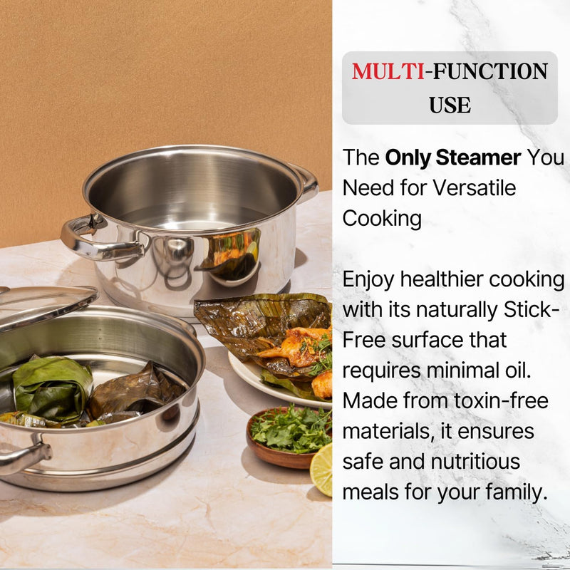 Vinod Stainless Steel 2-Tier Steamer 20cm Vegetable, Momo Steamer with Glass Lid, Sturdy Handle, Induction & Gas Friendly Perfect for Couscous, Dumplings & Rice Dishes