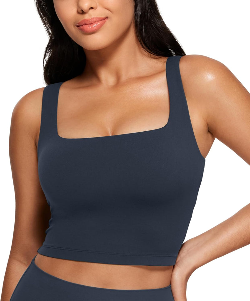CRZ YOGA Butterluxe Womens Square Neck Longline Sports Bra - Workout Crop Tank Tops Padded Yoga Camisole with Built in Pads