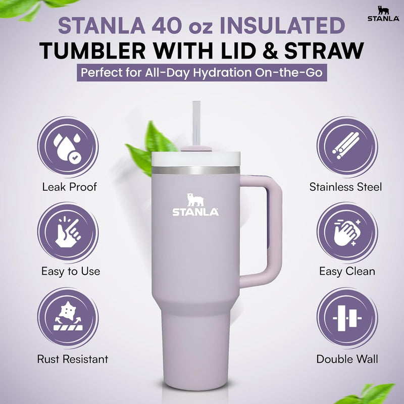STANLA 40 oz Tumbler with Lid and Straw | Travel Mug for Iced Tea & Coffee | 100% Leakproof, Stainless Steel Insulated Tumbler for School,Office & Gym | Cup Holder Friendly Base (Cream)