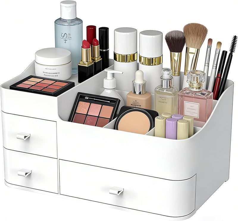 Makeup Organizer with Drawers,Large Capacity Countertop Organizer for Vanity,Bathroom and Bedroom Desk Cosmetics Organizer for Skin Care,Brushes, Eyeshadow, Lotions, Lipstick, Nail Polish and Jewelry - white