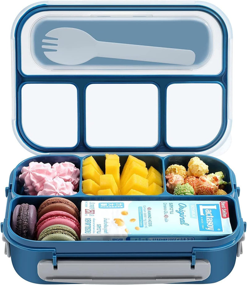 Aputue Bento Box, 1300ml Large Capacity 4 Compartment Meal Prep Container, Leakproof Airtight Lunch Box with Fork Spoon, Portable Food Storage Case for Office School Picnic and Travel Use