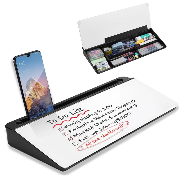 Beauenty Small Glass Desktop Whiteboard Dry-Erase-Board - Computer Keyboard Stand White Board Surface Pad with Drawer, Desk Organizers with Accessories for Office, Home, School Supplies (Black)