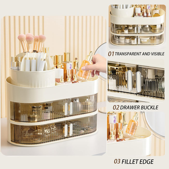 QUEENADA Makeup Organizer with Makeup Brush Holder - 3 Layer Skincare Organizer with 360 Rotating Makeup Brush Holder, High-Capacity Cosmetic and Skincare Dresser Make Up Holder Rack