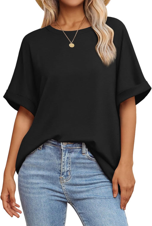 Womens Oversized T Shirts Loose Fit Crewneck Short Sleeve Summer Casual Blouse 2024 Y2K Tee Tops - Black