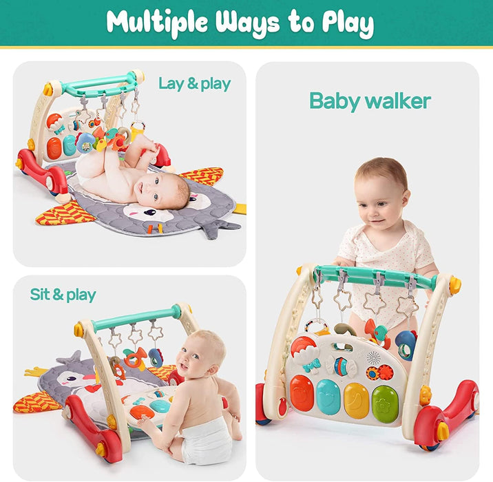2 in 1 Baby Gym Play Mat & Baby Learning Walker,Baby Activity Mat with Removable Play Piano Panel,Musical Activity Center with Lights, Baby Push Walkers & Tummy Time Mat for Infant Newborn Toddlers