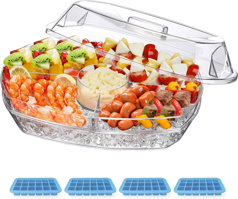 INNOVATIVE LIFE Large Salad Bowl with Ice Chiller Base and Lid, Kitchen Refrigerated Veggie Tray with Two Long Spoons, Party Platters for Food, Clear - A- Ice Serving Tray