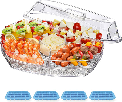 INNOVATIVE LIFE Large Salad Bowl with Ice Chiller Base and Lid, Kitchen Refrigerated Veggie Tray with Two Long Spoons, Party Platters for Food, Clear - A- Ice Serving Tray