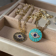 14k Gold Plated Evil Eye Pendant Necklace for Women 18-20Inch,Round Circle Disk Minimalist Jewelry