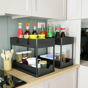 ItsyWorld Under Sink Organizer, 2 Tier Bathroom Cabinet Organizer with Sliding Basket, Multi-Purpose Under Sink Organizers and Storage for Bathroom Kitchen (4 Hooks) (Black)