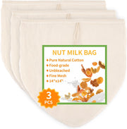 3 Pcs 12"x12" Nut Milk Bag, Natural Unbleached Cotton Cheese Cloth Bag for Straining, Reusable Strainer Bag for Oat Almond Milk, Cheese Making, Yogurt, Juice, Cold Brew Coffee, Beer Tea (12x12 Inch) - 14x14 Inch