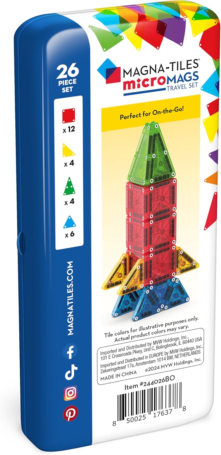 MAGNA-TILES microMAGS 26-Piece Travel Magnetic Construction Set Bold Colors, The Original Magnetic Building Brand