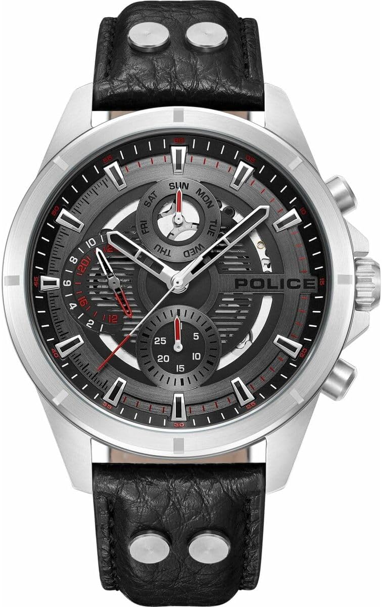 Chronograph Gents Watch with Genuine Leather Strap - Silver/Grey/Black