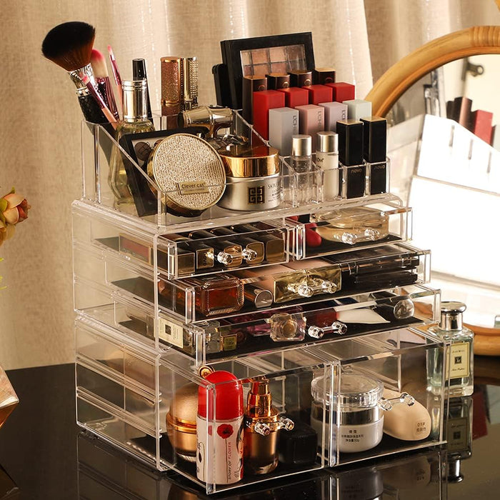 Large Clear Makeup Organizer Skin Care Cosmetic Display Cases Stackable Storage Box With 9 Drawers,Set of 4 By Cq acrylic