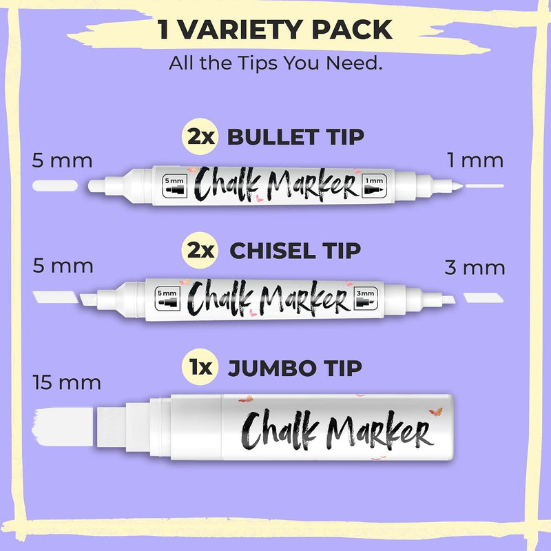 5 White Chalk Markers (1mm, 3mm, 5mm, 15mm) - Dry Erase Markers for Blackboard, Chalkboard, Car Window, Glass - Dual tip, Fine & Jumbo Tip - Erasable Liquid Chalk Pens, Chalkboard Markers