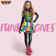 Funky Punky Bones Colorful Skeleton Deluxe Girls Costume Set with Hair Extensions for Halloween Costume Dress Up Parties.