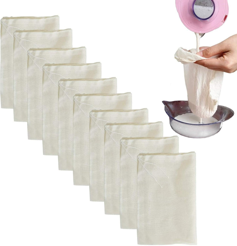 AUXIN,Cheesecloth Bags,Nut Milk Strainer,Cold Brew Bag,100% Organic Unbleached Cotton Muslin Cloth Bags,Reusable Yogurt/Coffee/Tea/Juice/Wine Strainer,Mesh Food Bags with Drawstring (X-Small,4 PACK) - X-Small,10 PACK
