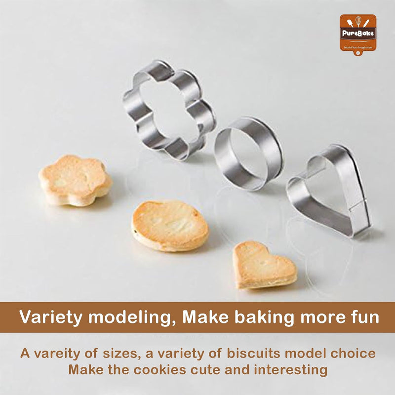 PureBake Cookie Cutters Shapes Baking Set, 12PCS Flower Round Heart Star Shape Biscuit Stainless Steel Metal Molds Cutters for Kitchen Baking Halloween Christmas Small Cookie Cutters