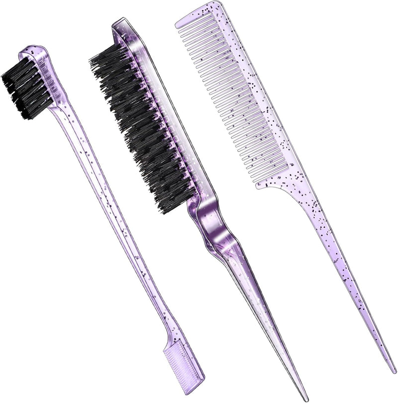 Geiserailie 3 Pcs Slick Back Hair Brush Set Bristle Brush Edge Control Teasing Comb for Women Black Hair(Black)