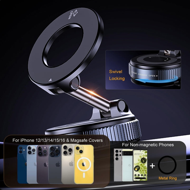 Limos 360 Vacuum Magnetic Car Phone Holder Suction Cup Mount for Windshield Dashboard Hands-Free Adjustable Stand Compatible with Magsafe Smartphones GPS Navigation Strong Suction Mount