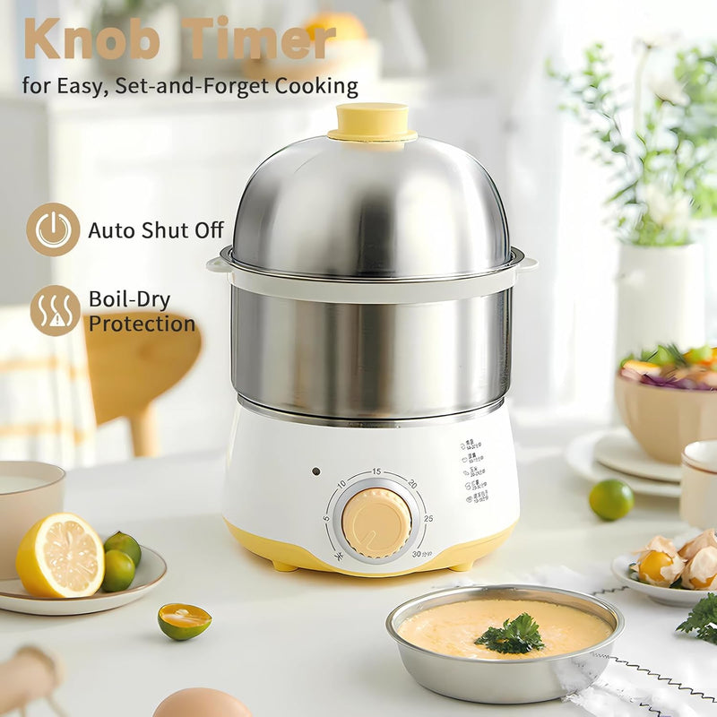 SPNOR Hard Boiled Egg Cooker 14-Egg Rapid Stainless Steel Egg Boiler with 30-Min Timer & Auto Shut Off, Compact Electric Vegetable Steamer for Cooking, Dishwasher Safe, yellow