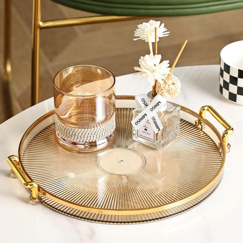 Serving Trays with Handles Home Decorative Coffee Table Round Tray Acrylic Food Tray Fruit Tray Bar Tray Perfume Tray Cocktail Tray Gold)