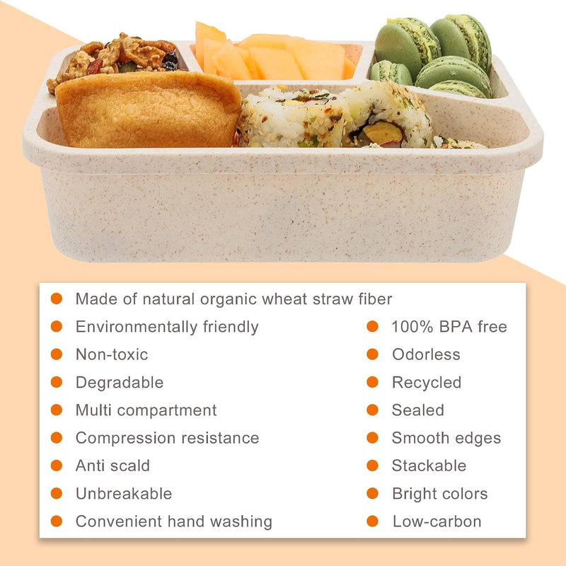 4 Pcs Wheat Straw PP 4-Compartment Bento Lunch Box, Reusable Snack Box for Adults and Kids, Meal Prep Containers for School, Work, Travel, Freezer and Dishwasher Safe