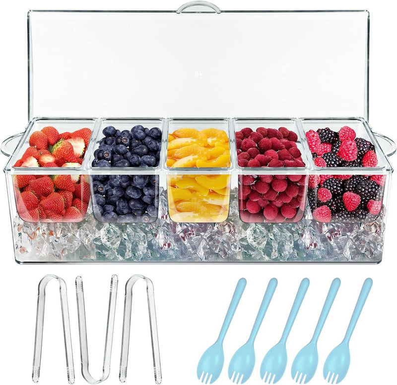 INNOVATIVE LIFE Large Salad Bowl with Ice Chiller Base and Lid, Kitchen Refrigerated Veggie Tray with Two Long Spoons, Party Platters for Food, Clear - Modern
