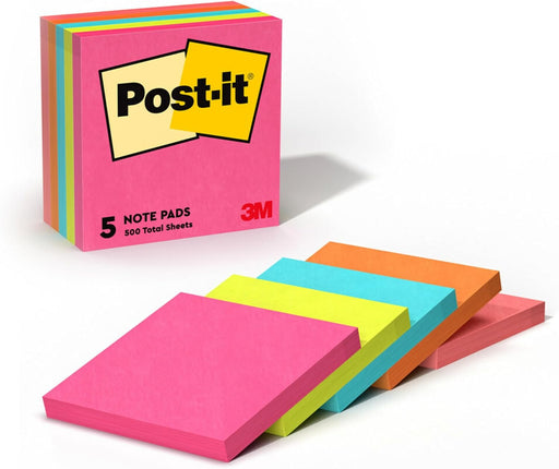 Super Sticky Notes 3x3 in (76 x 76 mm) 654 Miami Assorted colors, 5 pads/pack Extra Sticky Notes For Note Taking, To Do Lists Clean Removal No damage Recyclable 90 sheets/pad - Neon colours