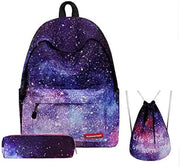 Backpack for Teenage Girls Kids 3PCS/set School Bag Stars Universe Space Printing Canvas Female for College Students Soft Handler Interior Slot Flap Pocket Backpacks - Galaxy-3Pcs/Set