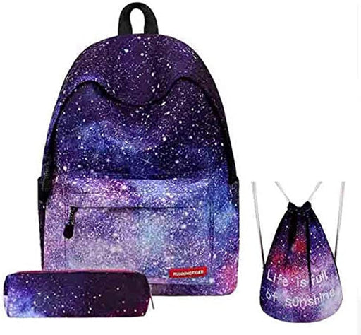 Backpack for Teenage Girls Kids 3PCS/set School Bag Stars Universe Space Printing Canvas Female for College Students Soft Handler Interior Slot Flap Pocket Backpacks - Galaxy-3Pcs/Set