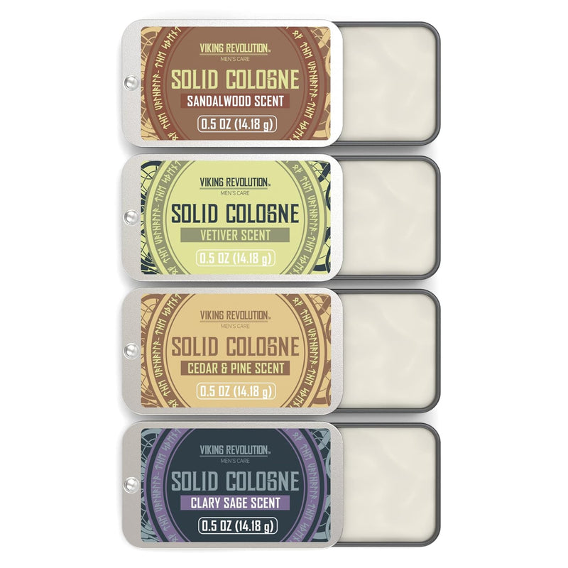 Viking Revolution - Mens Solid Colognes Men - Perfumes For Men - Men Solid Perfume with Cedar Wood, Clary Sage, Vetiver, Sandalwood - 4 Pack - 0.5 Oz / 14g Each