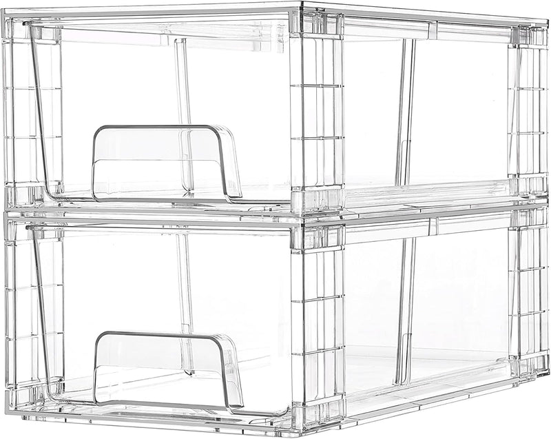 4 Pack Large Stackable Storage Drawers, Easily Assemble Acrylic Bathroom Closet Undersink Organizers, Plastic Storage Bins for Kitchen Cabinets, Pantry, Makeup, Medicine Organization - 2Pack 4.4"H-with Dividers