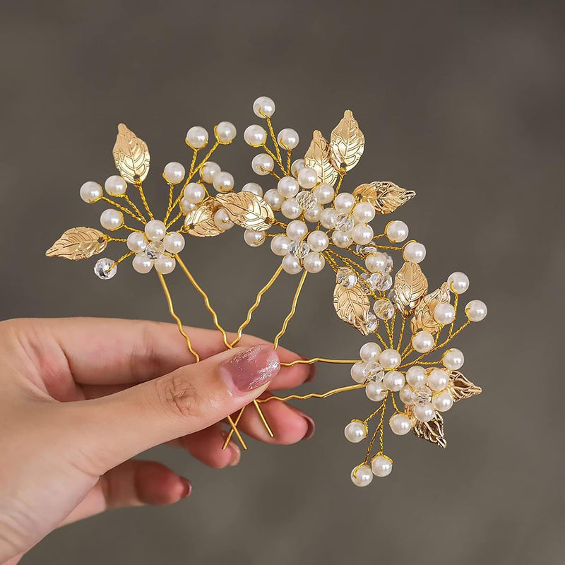 Excefore Pearl Bride Wedding Hair Pins, 3Pcs Leaf Bridal Head Piece Flower Hair Accessories for Women and Girls