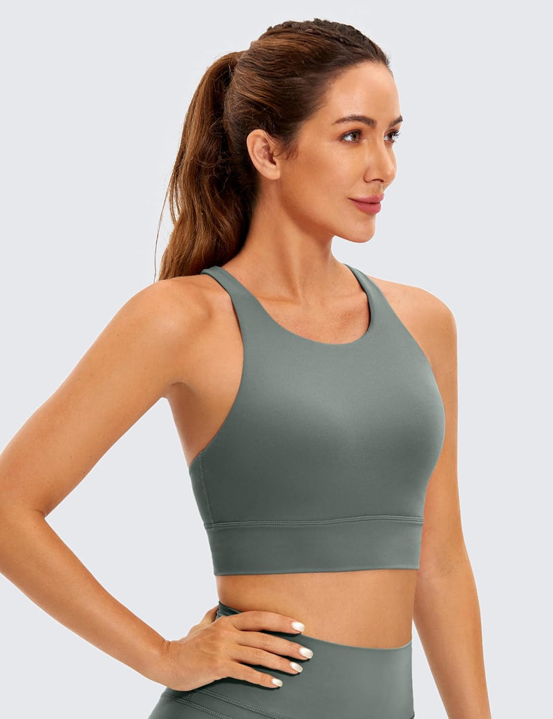 CRZ YOGA Womens Butterluxe Strappy High Neck Longline Sports Bra - Padded Criss Cross Back Workout Sports Bras Crop Tank Top