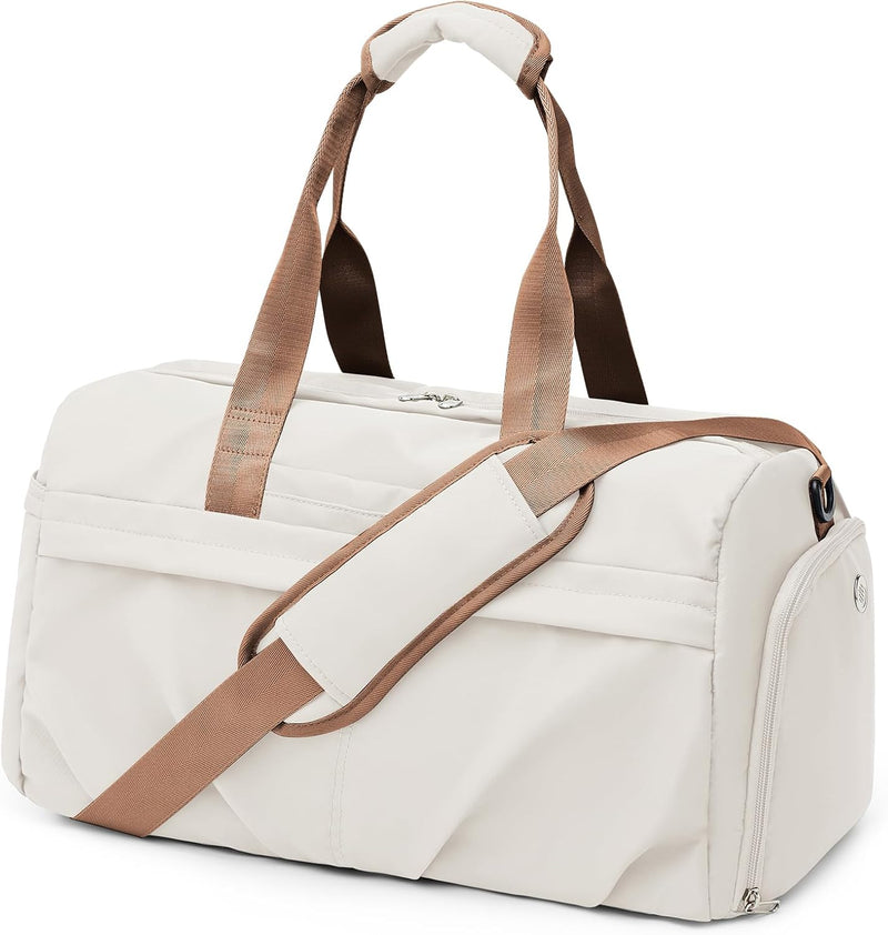 Gym Bag for Women Men with Shoe Compartment, Sport Duffel Bag, Waterproof Travel Weekender Overnight Carry on Bag for Yoga with Trolley Sleeve, Black, A-Black, Shoe Compartment - A11-Beige Brown