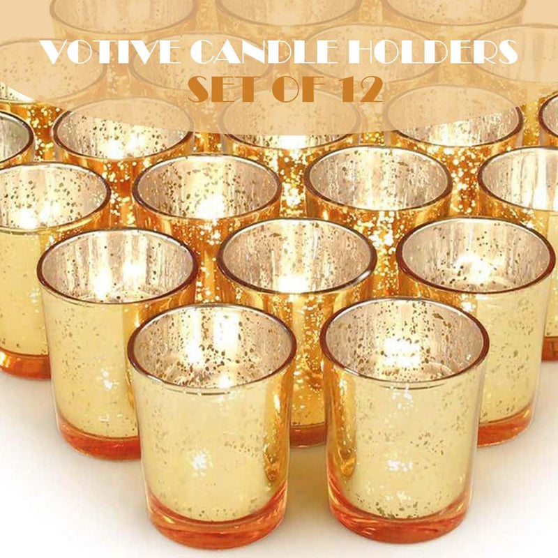 Tea Light Candle Holders, 12 Pack Glass Gold Tealight Holder, Gold Party Decorations, Tea Light Mercury Candle Holder Set for Wedding,Holiday,Home Decor, Valentine Party Ramadan/Eid Decorations