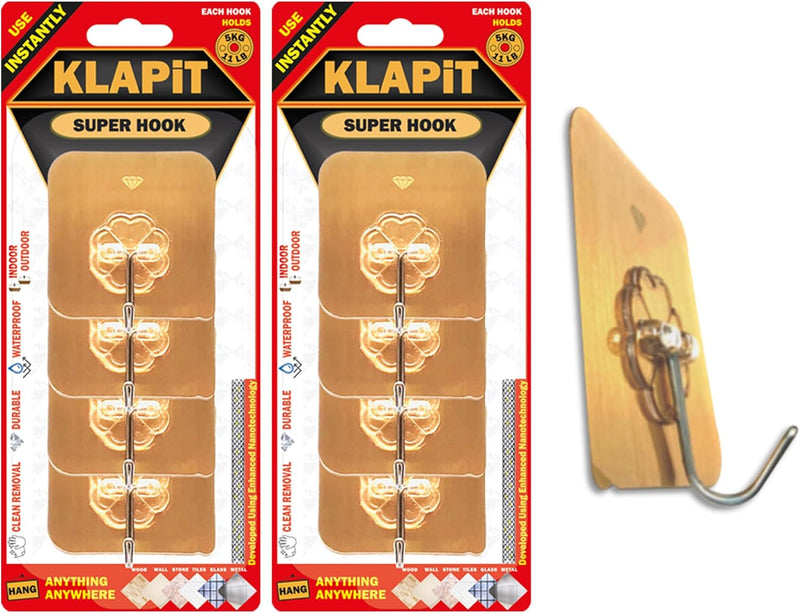 KLAPiT Super Hook Heavy Duty Adhesive, Holds 11 Pounds or 5Kg Weight, Waterproof and Damage Free for Wall, Tile, Wood, Stone, Glass, Metal, Made of Steel (Clear, 4 pc) - 8 pc Gold