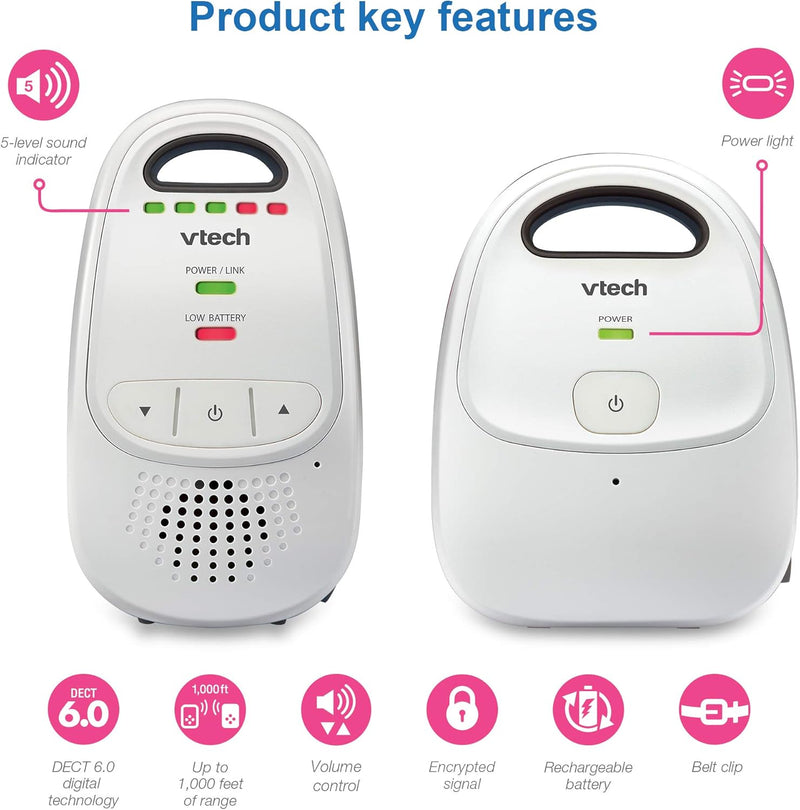 VTech DM111 Upgraded Audio Baby Monitor. 1 Parent Unit with Rechargeable Battery, Best-in-Class Long Range, Digital Wireless Transmission, Crystal-Clear Sound, Plug & Play, Sound Indicator & Alerts