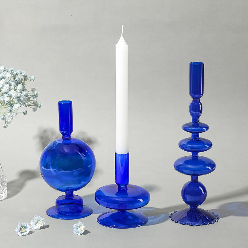Rtteri 3 Pcs Glass Candlestick Holders Glass Taper Candle Holders Groovy Candlestick Wavy Glass Candlestick Holders Elegant Glass Candlestick Glass Vases for Home Party Centerpiece (Green)