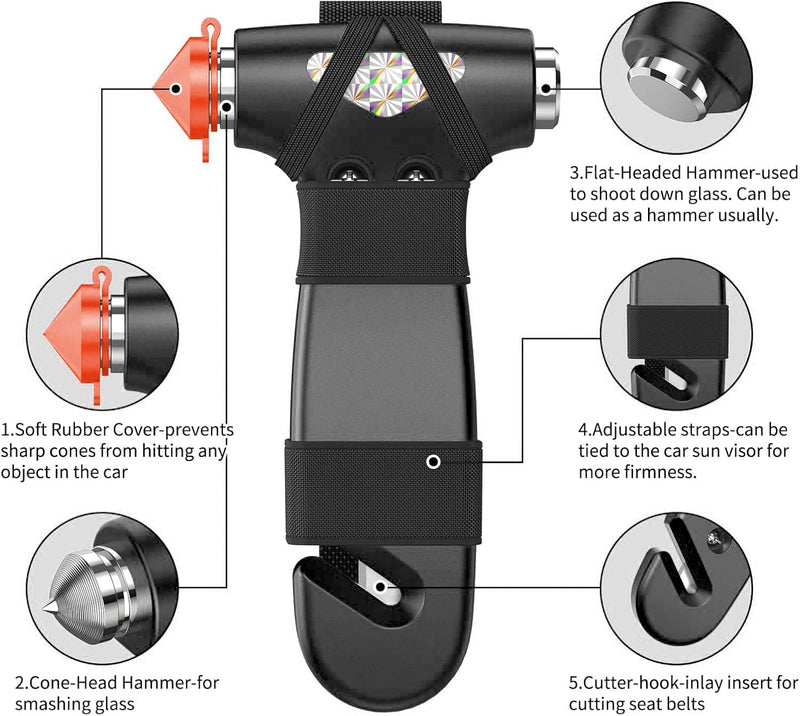 BSUXMAFG Car Safety Hammer, 3-in-1 Emergency Escape Tool with Window Breaker and Seat Belt Cutter, Safety Emergency Car Escape Tool for Car, Office, Home, Black