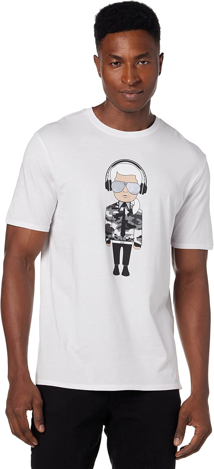 KARL LAGERFELD mens Reflective Men’s T-shirt, Karl Character With Headphones Short Sleeve Crew Neck Men’s Shirt T-Shirt