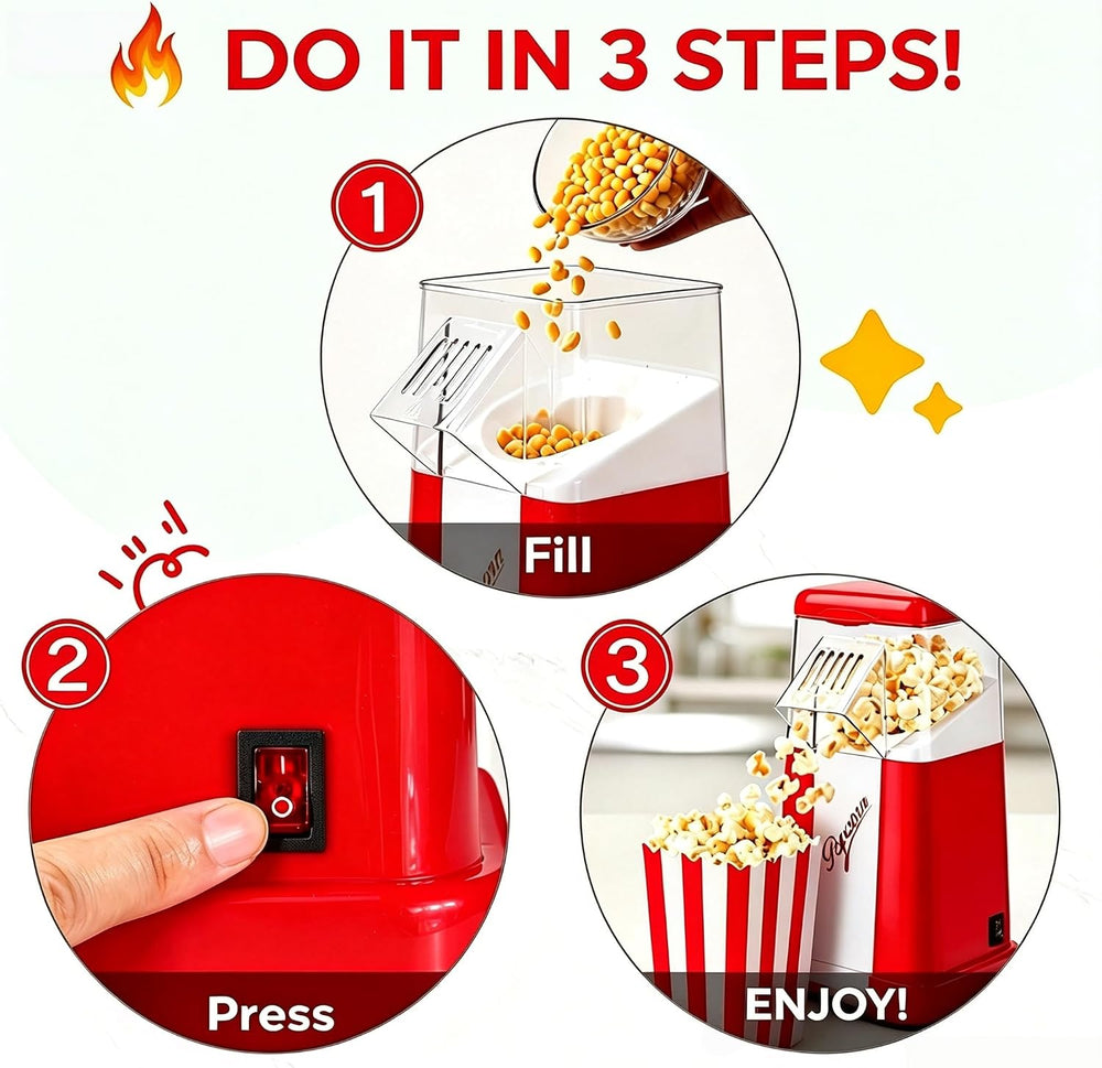 Spardar Oil-Free Home Popcorn Maker, Air Popcorn Popper with Measuring Cap, Ideal for Parties, Gatherings, Movie Nights, Gifts, Includes 3 Boxes, Red