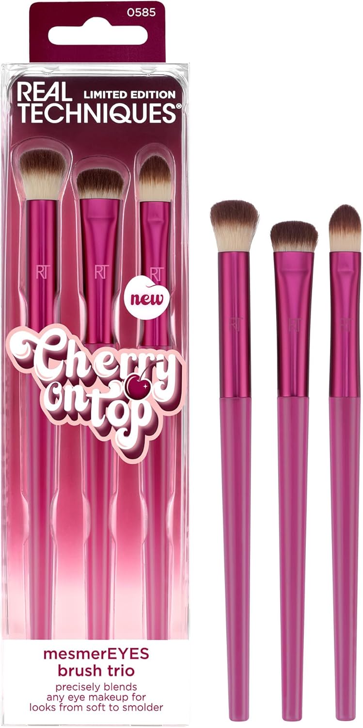 Real Techniques Cherry On Top MesmerEYES Brush Trio, Limited Edition Makeup Brush Set, Synthetic Bristles, Eyeshadow Blending Brushes, Vegan & Cruelty-Free, For Powder & Cream Shadow, 3 Piece Set - Brush Trio