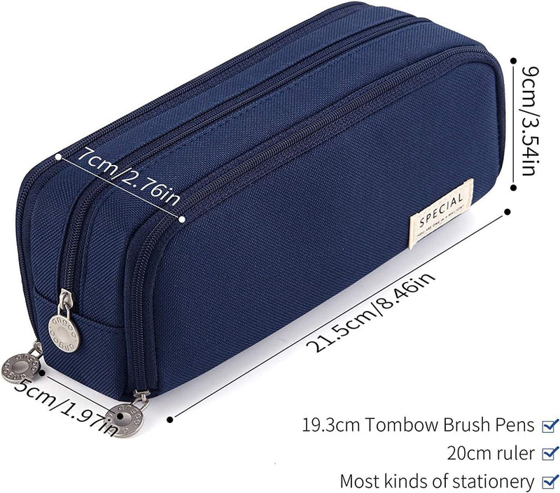MISTHO Big Capacity Pencil Case 3 Compartment Pencil Pouch Pouch Pen Case Simple Stationery Bag School College Office Organizer for Teens Girls Boy Men Women Adults Student (Navy)